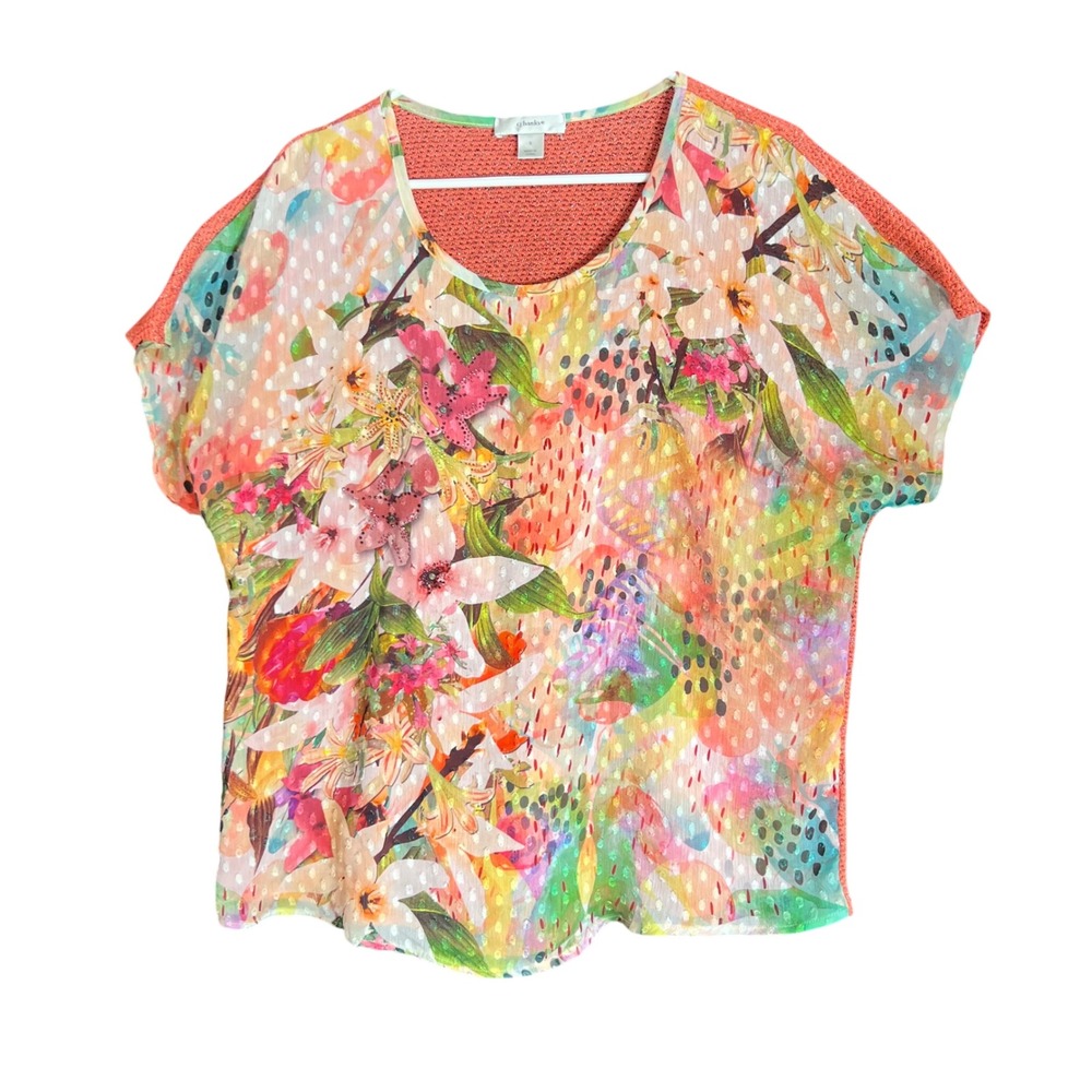CJ Banks Womens Size 1X Floral Top Mixed Media Rhinestone Coral Knit Back Breezy - Picture 2 of 11